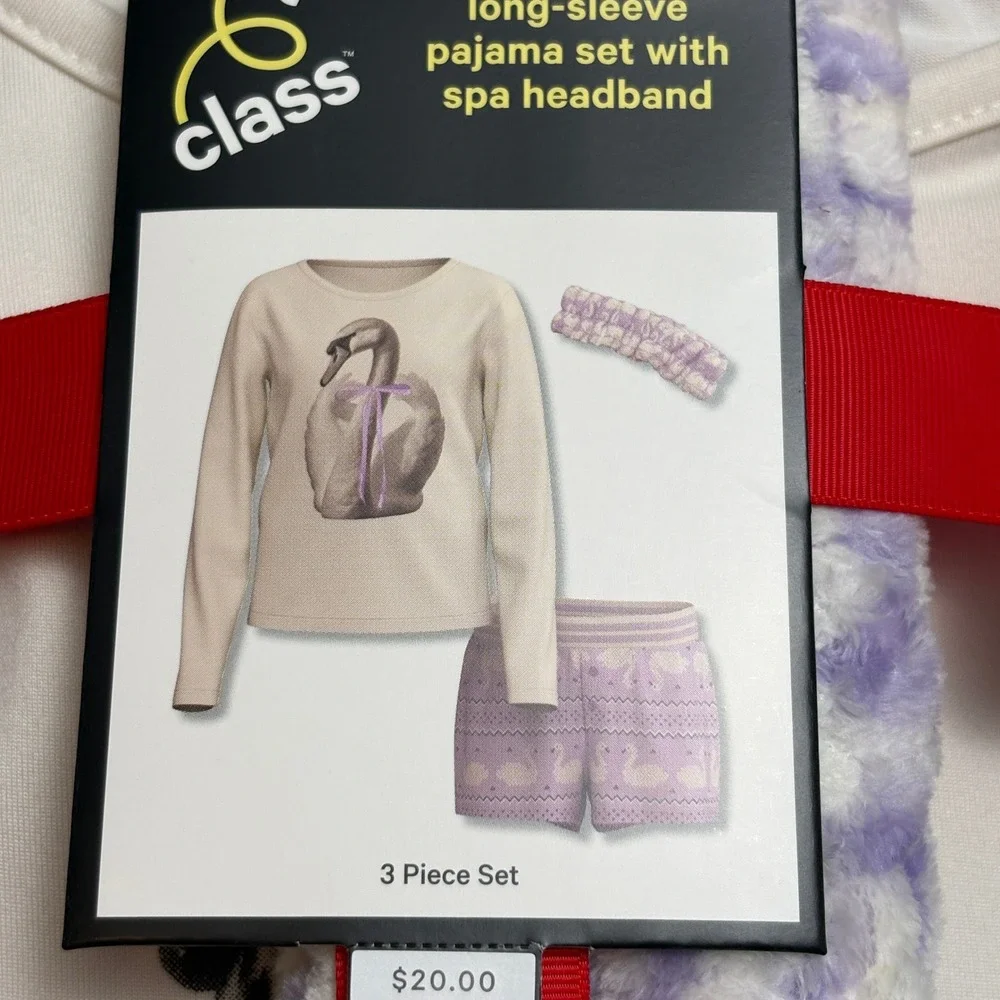 Art Class Girls Swan Pajama Set 3 Piece Long Sleeve Shorts Spa Headband Purple M